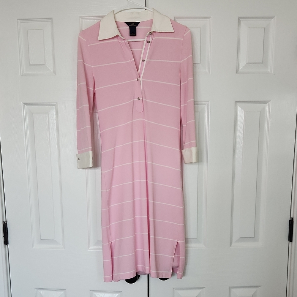 Brooks Brothers Pink And White Striped Long Sleeve Dress with White Collar